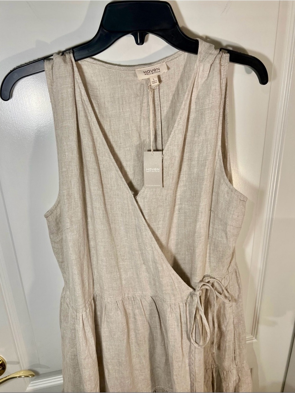 Haven Well Sleeveless Linen Wrap Tiered Maxi Dress - Neutral Beige - Picture 2 of 3